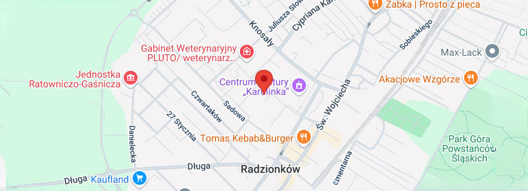 Mapa Radzionkowa z zaznaczoną lokalizacją Centrum Kultury Karolinka